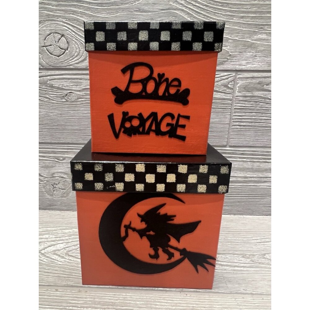 Halloween Stacking Boxes Cardboard Set of 2 Witch Skull Bones Handmade EUC